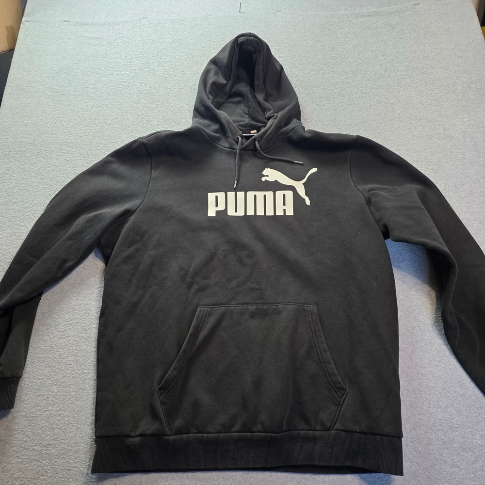 Puma Pullover Hoodie Sweatshirt Mens XL Black White Big Logo Kangaroo Pocket